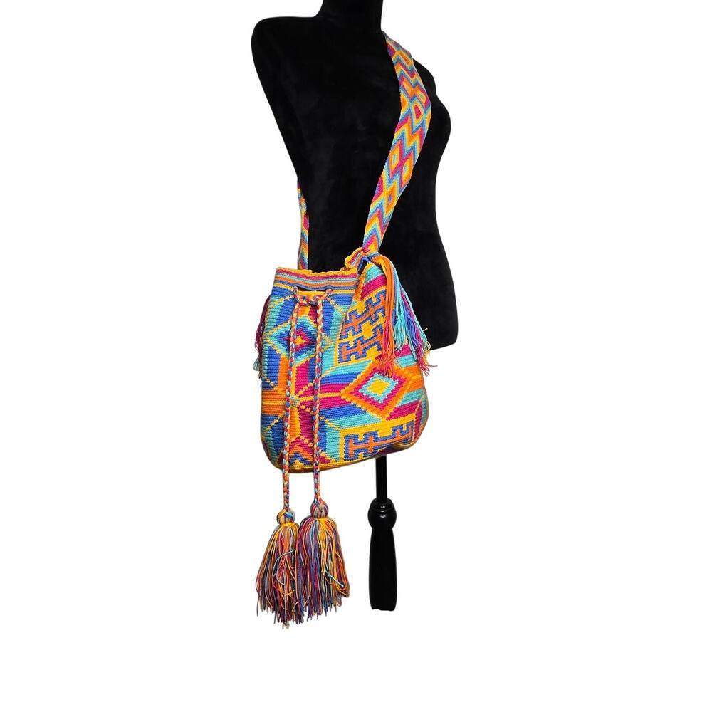 Vintage Authentic Wayuu Mochila Bag Handwoven Neon Geometric Crochet Crossbody